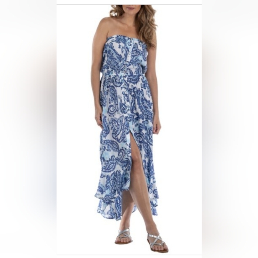 Dotti Strapless Blue and White Paisley Coverup